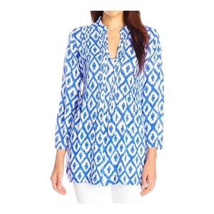Lilly Pulitzer Sarasota Tunic Top Blue White Ikat Print 3/4 Sleeve Women Size XS